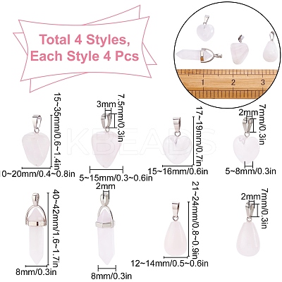 16Pcs 4 Style Natural Rose Quartz Pendants G-SC0001-75-1