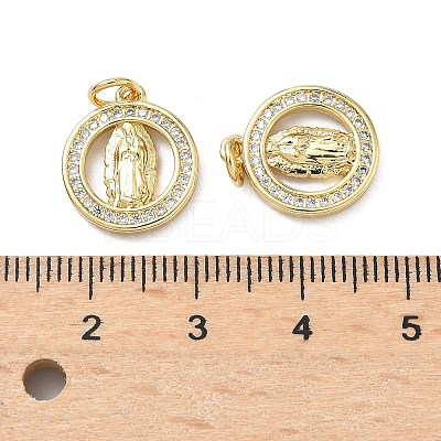 Brass Micro Pave Cubic Zirconia Flat Round with Virgin Mary Charms KK-C156-23G-1