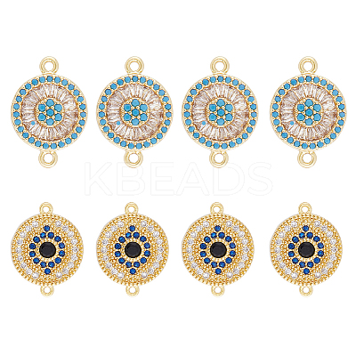 8Pcs 2 Styles Brass Pave Clear & Deep Sky Blue Cubic Zirconia Connector Charms KK-DC0003-42-1