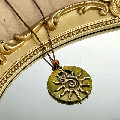 Wood Ring Brass Sun Pendant Adjustable Waxed Cord Necklaces WG3036C-01-1