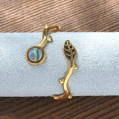 Leaf & Flat Round 304 Stainless Steel Paua Shell Cuff Rings for Women LS-RJEW-G346-01G-01-1