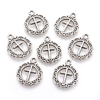 Tibetan Style Flat Round with Cross Alloy Pendants TIBEP-Q054-07AS-RS-1