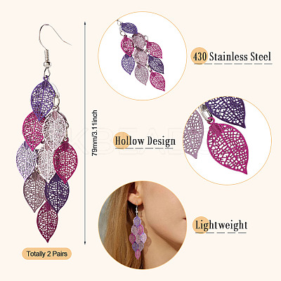 2 Pairs 430 Stainless Steel Leaf Dangle Earrings EJEW-TA0001-83E-1