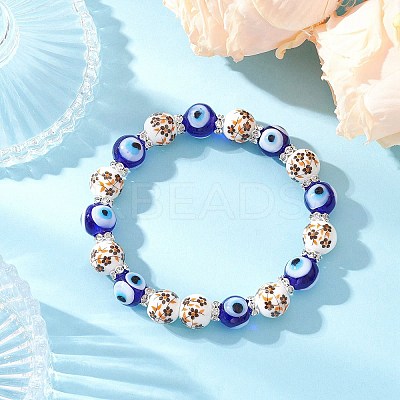 Handmade Flower Printed Porcelain Ceramic & Handmade Lampwork Evil Eye Beads Stretch Bracelets for Women BJEW-JB12105-01-1