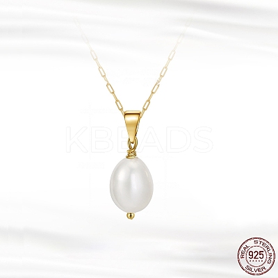 Natural Pearl Pendant Necklace with 925 Sterling Silver Paperclip Chains NJEW-I124-148-1