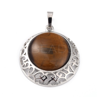 Natural Tiger Eye Pendants with Hollow Platinum Brass Findings G-P448-A15-P-1