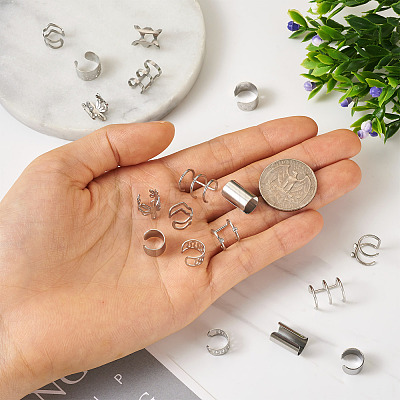 20Pcs 10 Style Hollow & Wave & Flower 304 Stainless Steel Wide Band Chunky Cuff Earrings for Men Women EJEW-CF0001-01-1