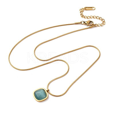 304 Stainless Steel & Dark Turquoise Cat Eye Square Pendant Round Snake Chain Necklaces for Women NJEW-K255-47G-1