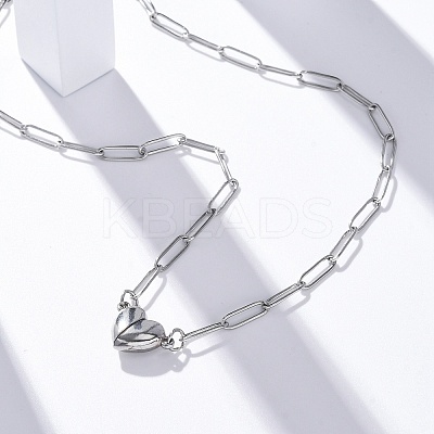 304 Stainless Steel Double-Sided Magnetic Heart Pendant Paperclip Chain Necklaces LS-NJEW-U028-02P-1