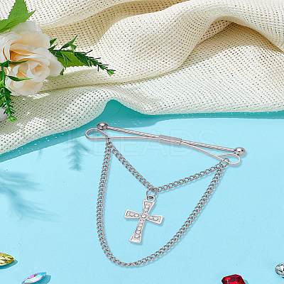 1Pc Cross Brass Rhinestone Hanging Chains Collar Pins Tie Clips AJEW-LP0002-47P-1