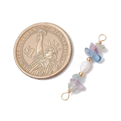 Natural Fluorite Chip & Natural Cultured Freshwater Pearl Rice Beaded Connector Charms PALLOY-JF03707-06-1