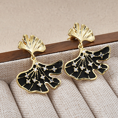 Ginkgo Leaf Brass Pave Clear Cubic Zirconia Stud Dangle Stud Earrings for Women EJEW-G391-10G-01-1