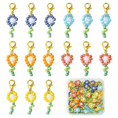 50Pcs 5 Colors Flower Glass Seed Bead Pendant Decorations HJEW-CJ0001-09-1