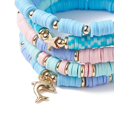 5Pcs 5 Style Polymer Clay Heishi Beaded Stretch Bracelets Set with Star and Dolphin Drop BJEW-JB07539-1