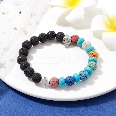 Natural Lava Rock & Synthetic Turquoise Beaded Stretch Bracelets BJEW-JB09985-01-1
