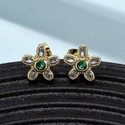 Brass Micro Pave Cubic Zirconia Flower Stud Earrings EJEW-K267-12G-1