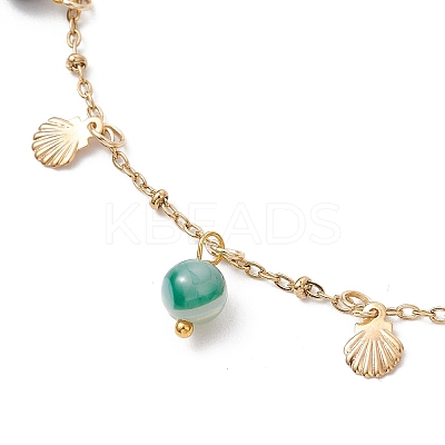Dyed Natural Banded Agate Round & 304 Stainless Steel Shell Shape Tassel Anklets for Women AJEW-AN00702-01-1