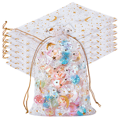 50Pcs Gold Stamping Moon & Star Organza Drawstring Gift Storage Bags OP-BBC0001-03B-01-1