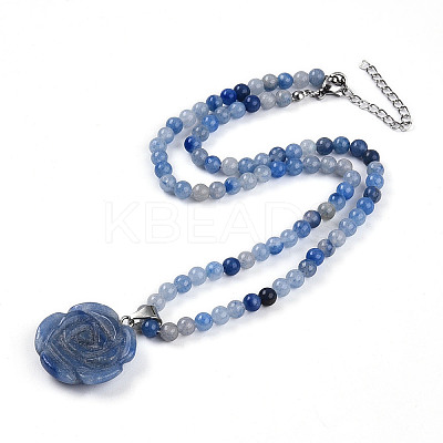Natural Blue Aventurine(Dyed & Heated) 4.5mm Round Beaded Flower Pendant Necklaces NJEW-T016-04E-1