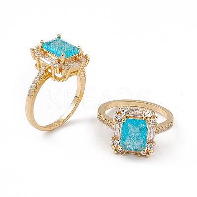 Deep Sky Blue Glass Rectangle Finger Ring with Cubic Zirconia RJEW-J017-VC500-1