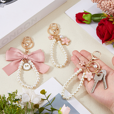 4Pcs 2 Styles Alloy Enamel Flower & Cloth Bowknot Pendant Keychains AJEW-HS0001-25A-1