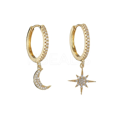 Clear Cubic Zirconia Star & Moon Asymmetrical Earrings LS-MOST-PW0001-064G-1