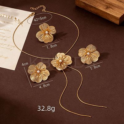 Flower Alloy Plastic Pearl Stud Earrings & Pendant Lariat Necklaces & Rings Sets for Women WG42618-01-1