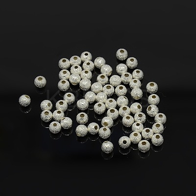 4mm Silver Color Plated Brass Round Textured Beads X-EC247-S-1