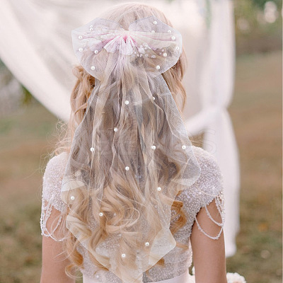 2Pcs 2 Colors Bowknot Long Mesh Tulle Bridal Veils with Hair Barrettes & Imitation Pearl OHAR-GO0001-10-1