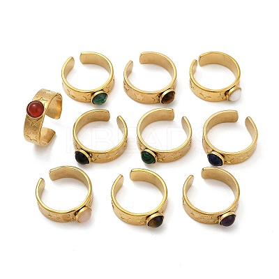 316 Stainless Steel with Natural Mixed Gemstone Cuff Rings RJEW-Z098-01G-15-1