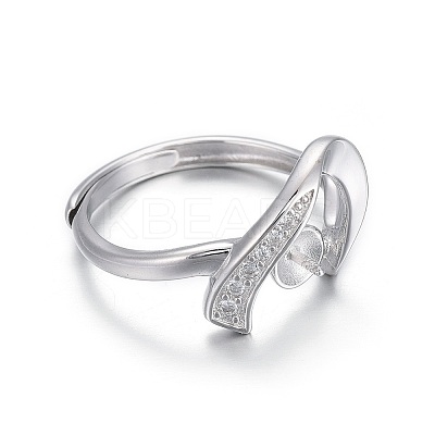 Anti-Tarnish Adjustable Rhodium Plated 925 Sterling Silver Finger Design Ring Mounts Fittings with Pearl Seat STER-F048-23P-1