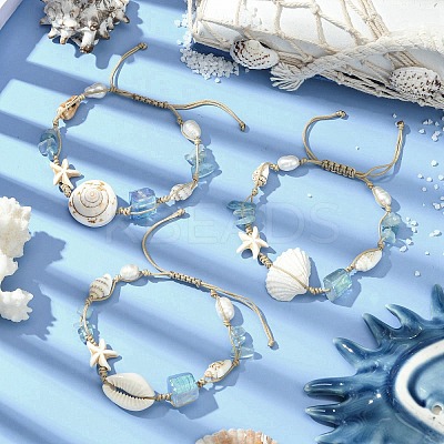3Pcs Natural Shell & Quartz & Aquamarine Braided Bead Bracelets for Women BJEW-TA00576-1