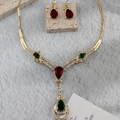 Teardrop Alloy Rhinestone Pendant Necklaces & Stud Dangle Earrings Sets for Women FS-WGFB3C6-01-1