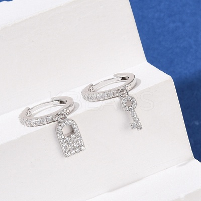 Lock & Key 925 Sterling Silver Micro Pave Clear Cubic Zirconia Hoop Earrings for Women EJEW-G427-01P-03-1