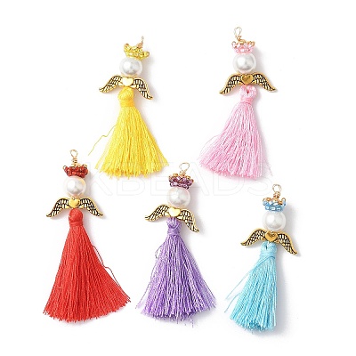Glass Pearl Round Beaded with Polycotton Tassel Big Pendants PALLOY-MZ00611-1