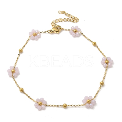 304 Stainless Steel & Synthetic Stone Daisy Flower Chain Anklets for Women AJEW-B031-01G-02-1