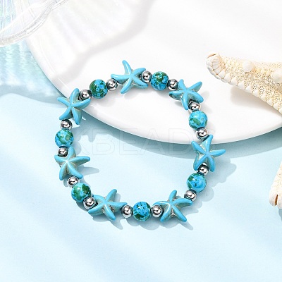 Starfish Synthetic Turquoise Beads & Brass Beads Stretch Bracelets BJEW-JB12417-03-1