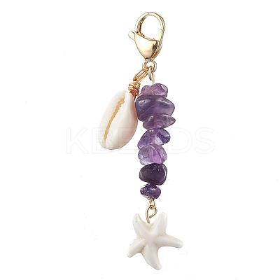 Starfish Synthetic Turquoise & Natural Cowrie Shell Pendant Decoration HJEW-JM02150-1