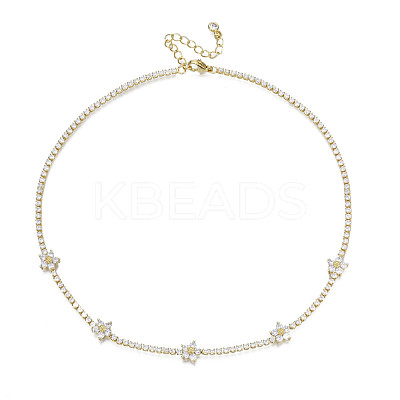 Cubic Zirconia Classic Tennis Necklace with Flower Links NJEW-N048-01G-1
