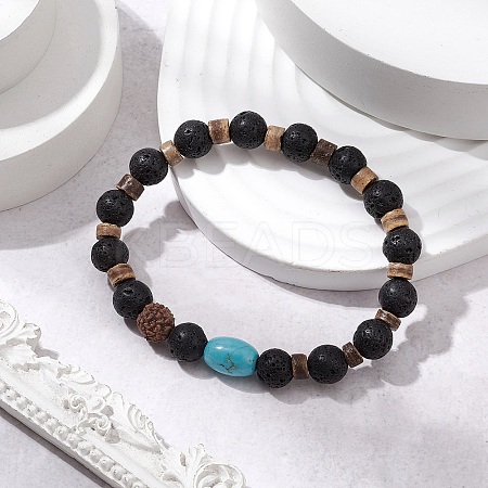 Natural Lava Rock & Rudraksha & Coconut & Howlite Beads Stretch Couples Bracelets for Women BJEW-JB11329-01-1