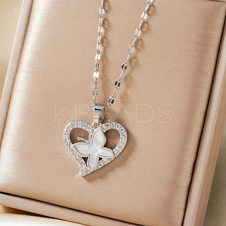 Elegant Brass Clear Cubic Zirconia Hollow Design Butterfly Heart Pendant Necklaces for Women XC3583-1