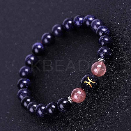 Pisces Round Synthetic Blue Goldstone & Natural Strawberry Quartz Stretch Bracelets for Women Men EA3132-4-1
