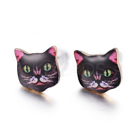 Real 14K Gold Plated Alloy Kitten Stud Earrings EJEW-G148-01G-02-1