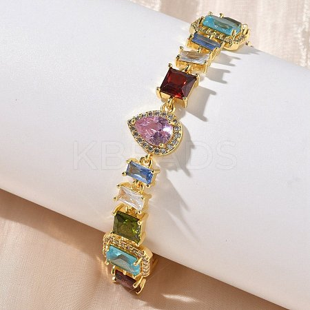 Brass Micro Pave Colorful Cubic Zirconia Rectangle & Square & Teardrop Link Chain Bracelets for Women BJEW-G764-07G-1