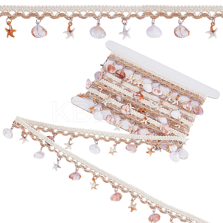 4 Yards Cotton Thread & Linen & Shell Beaded Trim Ribbon OCOR-DR0001-25-1