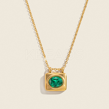 304 Stainless Steel Rhinestone Rectangle with Oval Pendant Necklaces KL1380-2-1