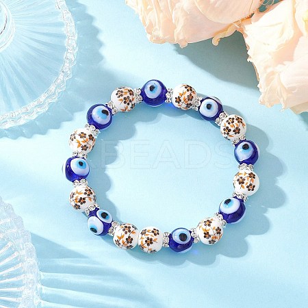 Handmade Flower Printed Porcelain Ceramic & Handmade Lampwork Evil Eye Beads Stretch Bracelets for Women BJEW-JB12105-01-1