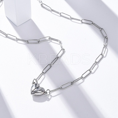 304 Stainless Steel Double-Sided Magnetic Heart Pendant Paperclip Chain Necklaces LS-NJEW-U028-02P-1