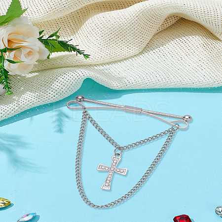 1Pc Cross Brass Rhinestone Hanging Chains Collar Pins Tie Clips AJEW-LP0002-47P-1