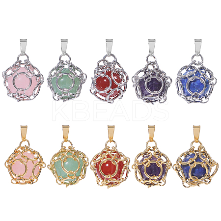 10Pcs 5 Styles Natural Green Aventurine & Rose Quartz & Lapis Lazuli & Amethyst & Carnelian Pendants PALLOY-GO00028-1
